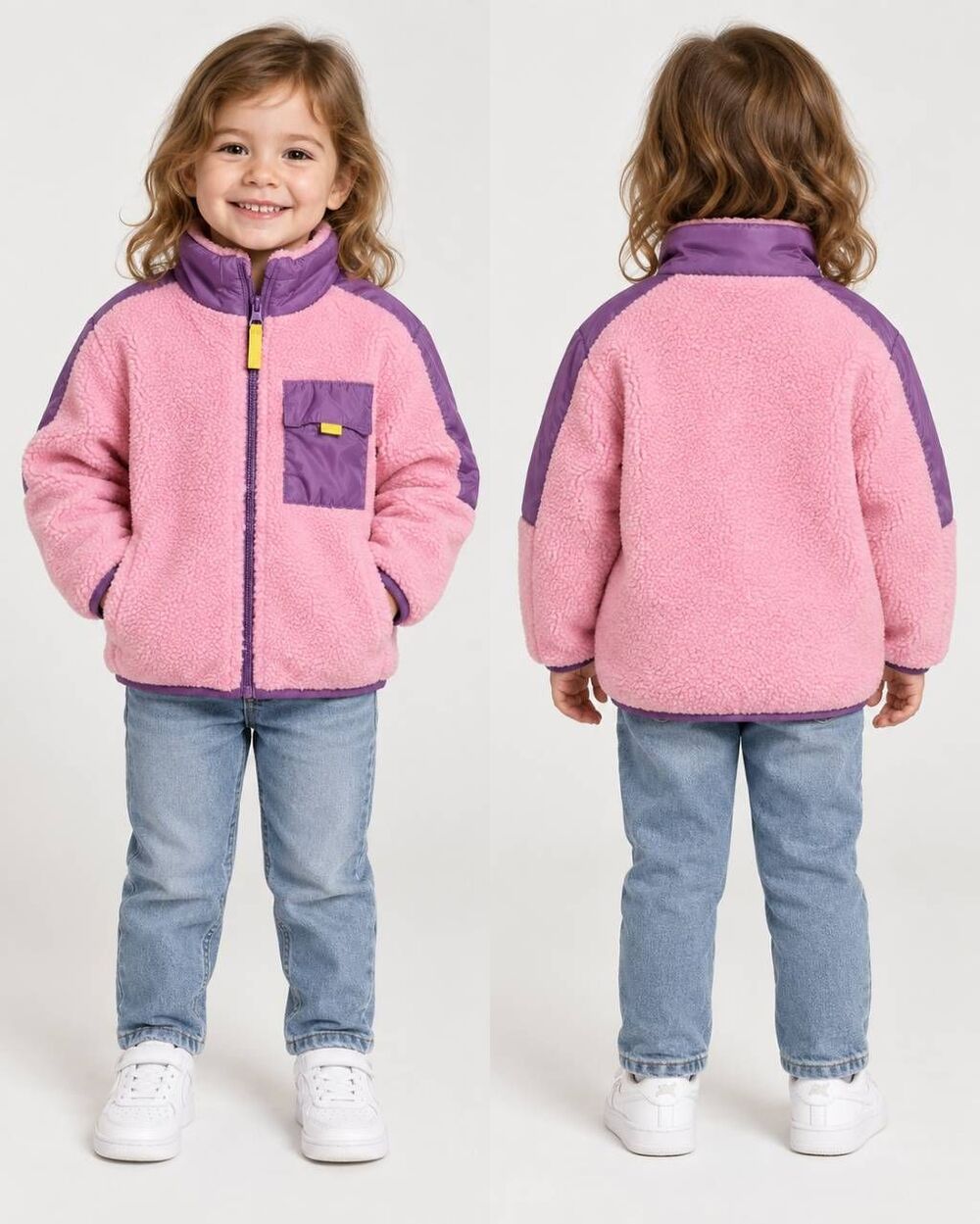 H&M Girls 3-4T Pink Purple Sherpa Fleece Full Zip Jacket Colorblock